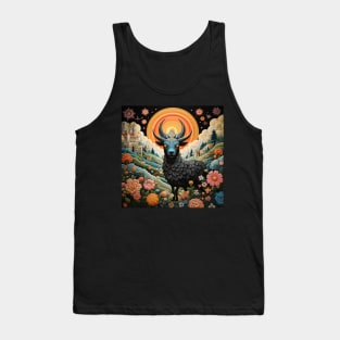 Surrealistic Folk Art Dark Floral Motif Goat Design Tank Top